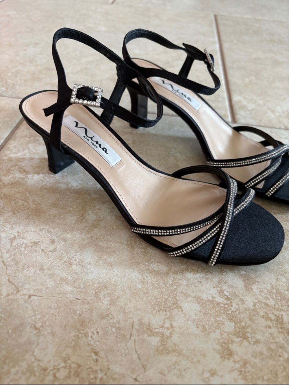 Nina Black Satin Strappy Heels with Rhinestone Buckle